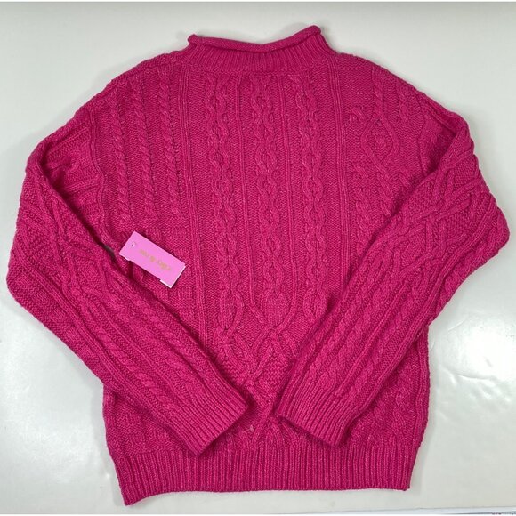 Riley & Rae Womens Hot Pink Cable Knit Sweater Pullover Mock Neck Size Medium - Picture 2 of 4